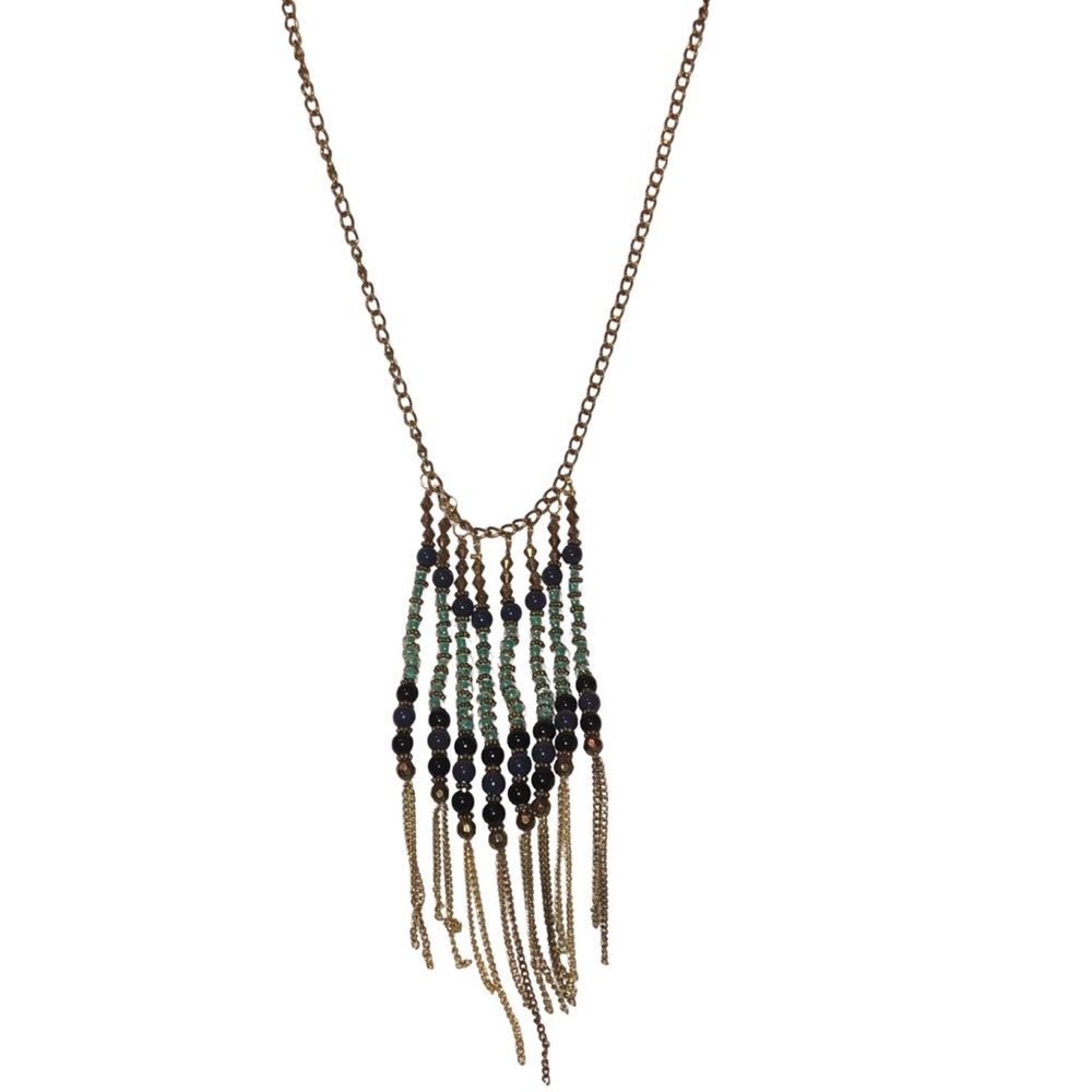 Navy And Light Blue Glass Beaded Dangle Fringe Gold Tone Vintage Necklace